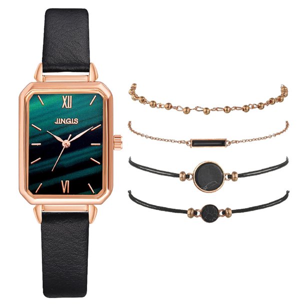 Reloj de pulsera para mujer de cuero con esfera verde cuadrada a la moda para mujer, conjunto de pulsera de cuarzo Wmkox8yii gfajkfgbkjabf2015