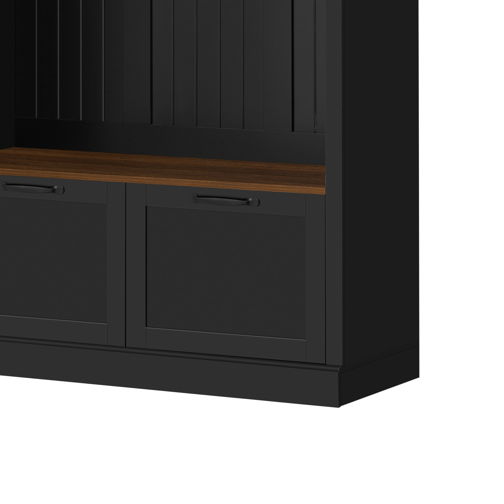 T-Foyer Farmhouse Black Hall Tree with 4 Hooks, Bench & Cabinets, Wooden Rustic Entryway Organizer with Open Storage & 2 Drawers