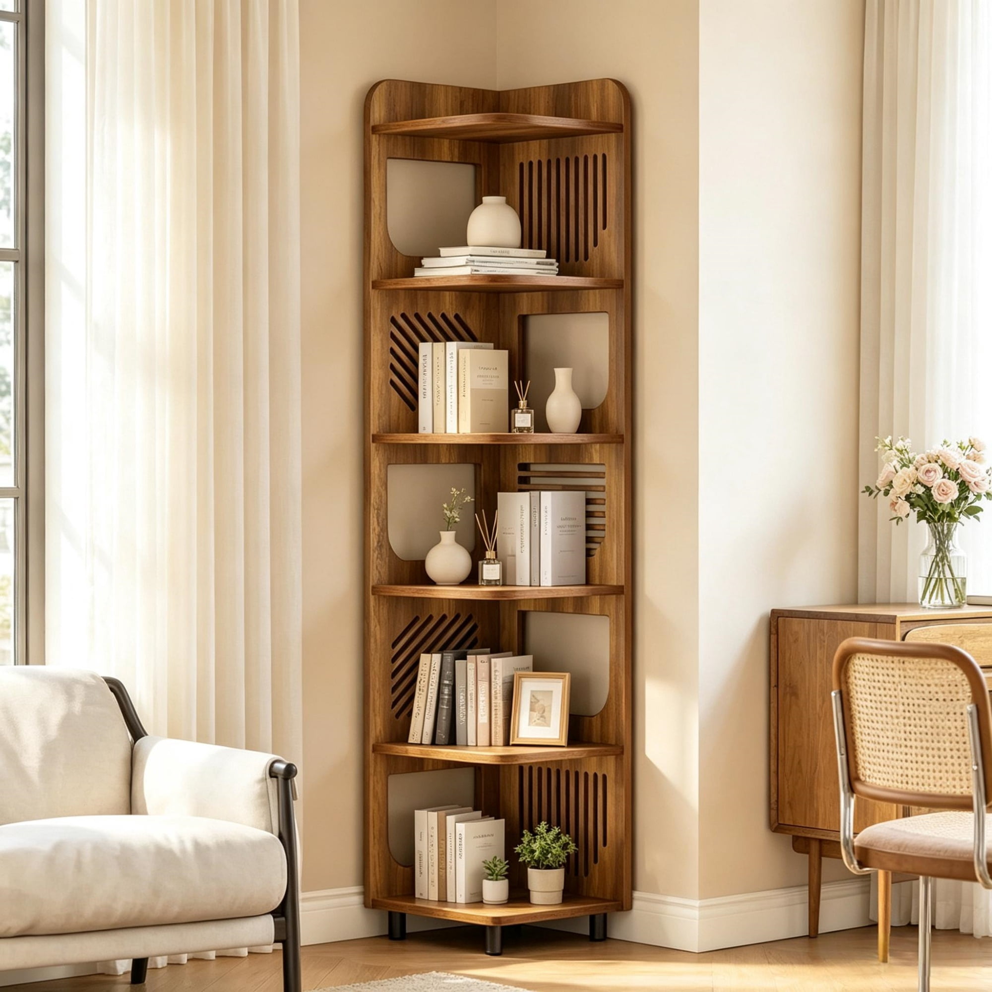 6 Tier Tall Corner Shelf for Small Spaces, Narrow Display Bookcase