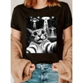thumbnail image 1 of [Retro Alien Print Cotton Tee] Cat UFO Invasion Funny Cat Meme Retro Alien Cat UFO Selfie Fashion Cotton Letter Print T-shirt, Short Sleeve Crew Neck Casual Top For Summer & Spring, Women's Clothing, 1 of 6