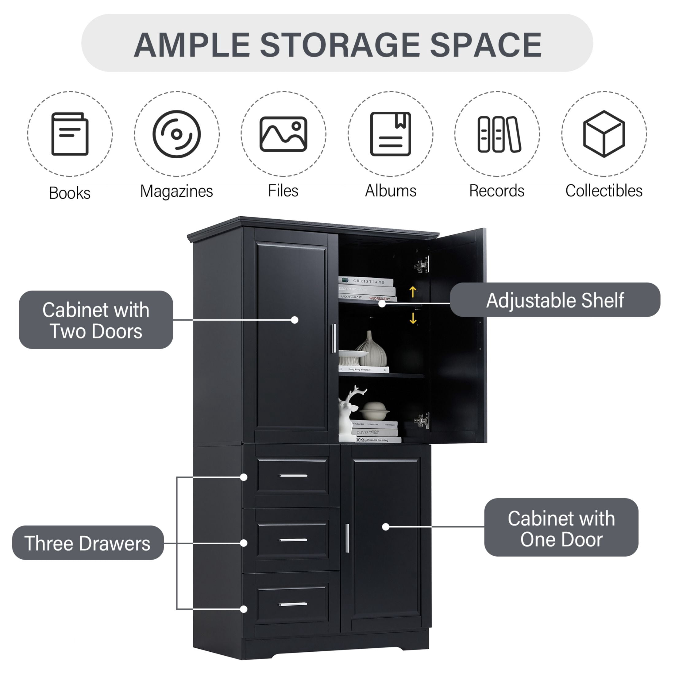 DEALTOPS Tall Storage Cabinet with Spacious Storage and Adjustable Shelves for Bathroom, Living Room, Black
