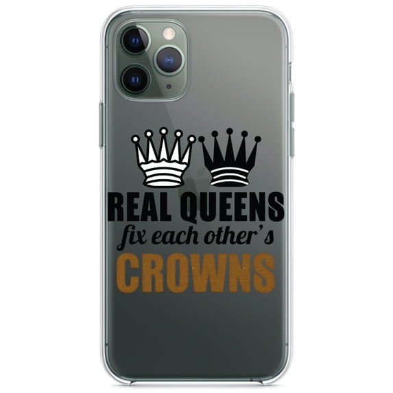 DistinctInk Clear Shockproof Hybrid Case for iPhone 13 PRO (6.1" Screen) - TPU Bumper Acrylic Back Tempered Glass Screen Protector - Real Queens Fix Each Other's Crowns