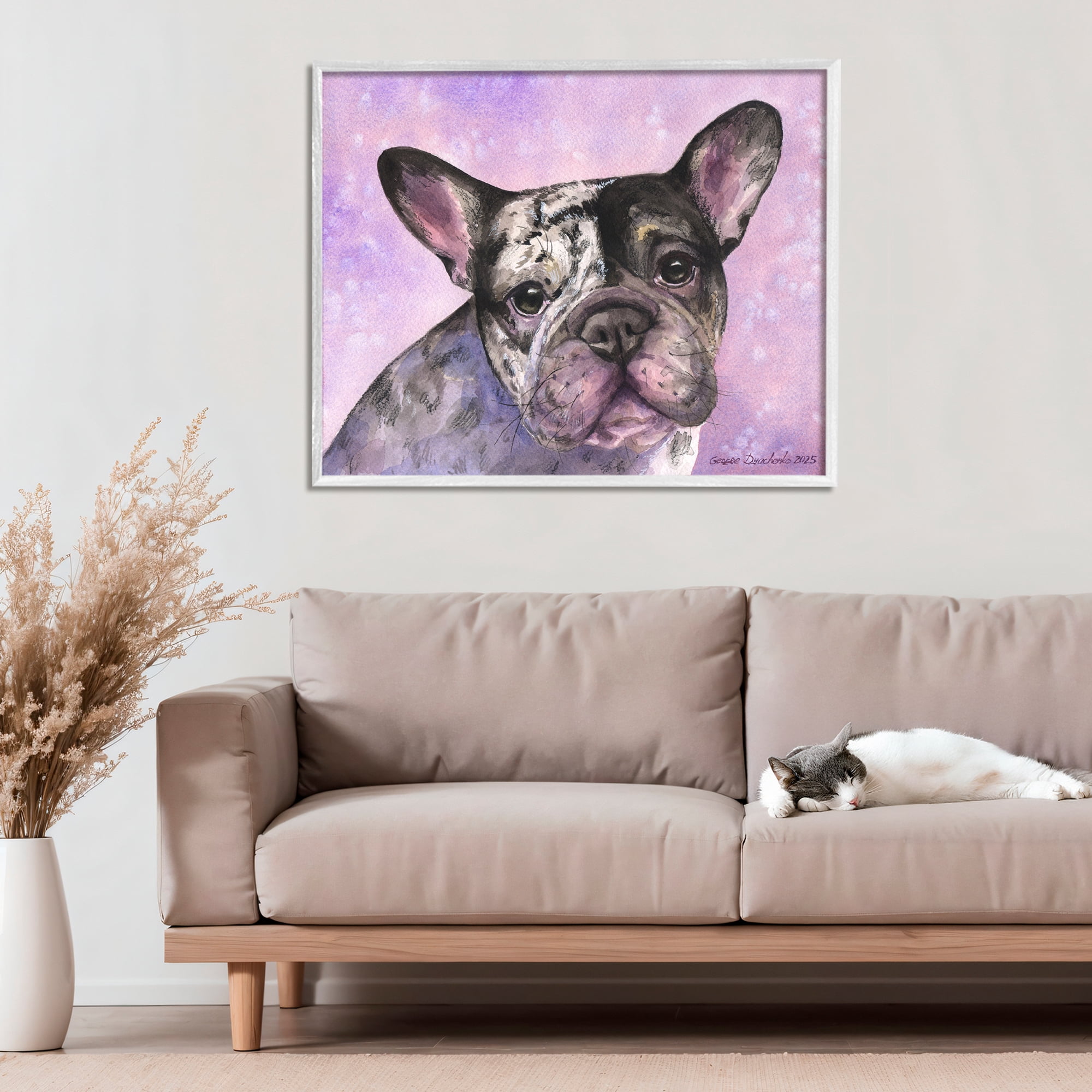 Stupell Industries Harlequin French Bulldog White Framed Giclee Art, design by George Dyachenko