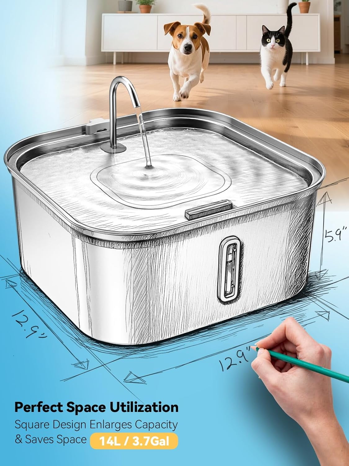 Large Dog Water Fountain 14L/3.7Gal, Stainless Steel Pet Fountain for Large Dogs and Multi-Pets Families, Visible Window & Extra Wide Drinking Area, Enlarges Capacity & Saves Space