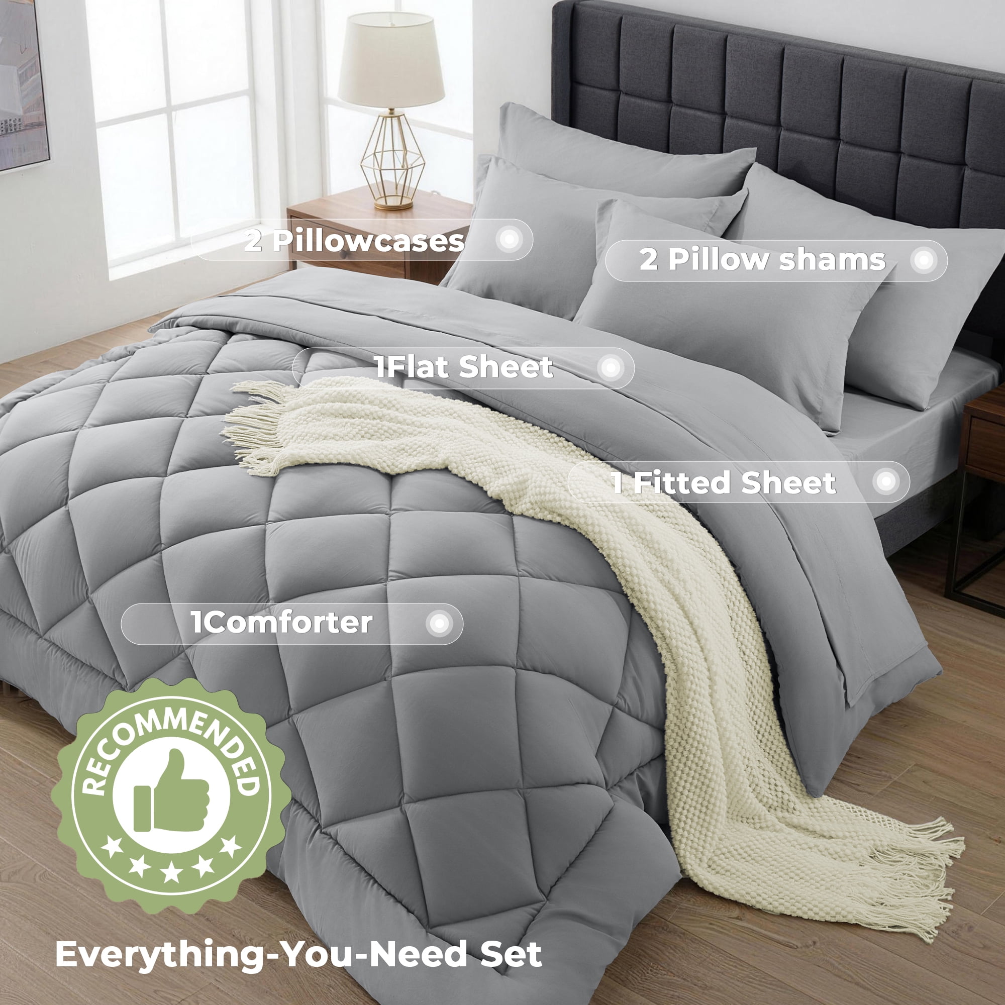 WISHEAD King Bed in a Bag Comforter Set with 7 Pieces - Light Gray All Season Bedding Sets with Comforter, Pillow Shams, Flat Sheet, Fitted Sheet and Pillowcases