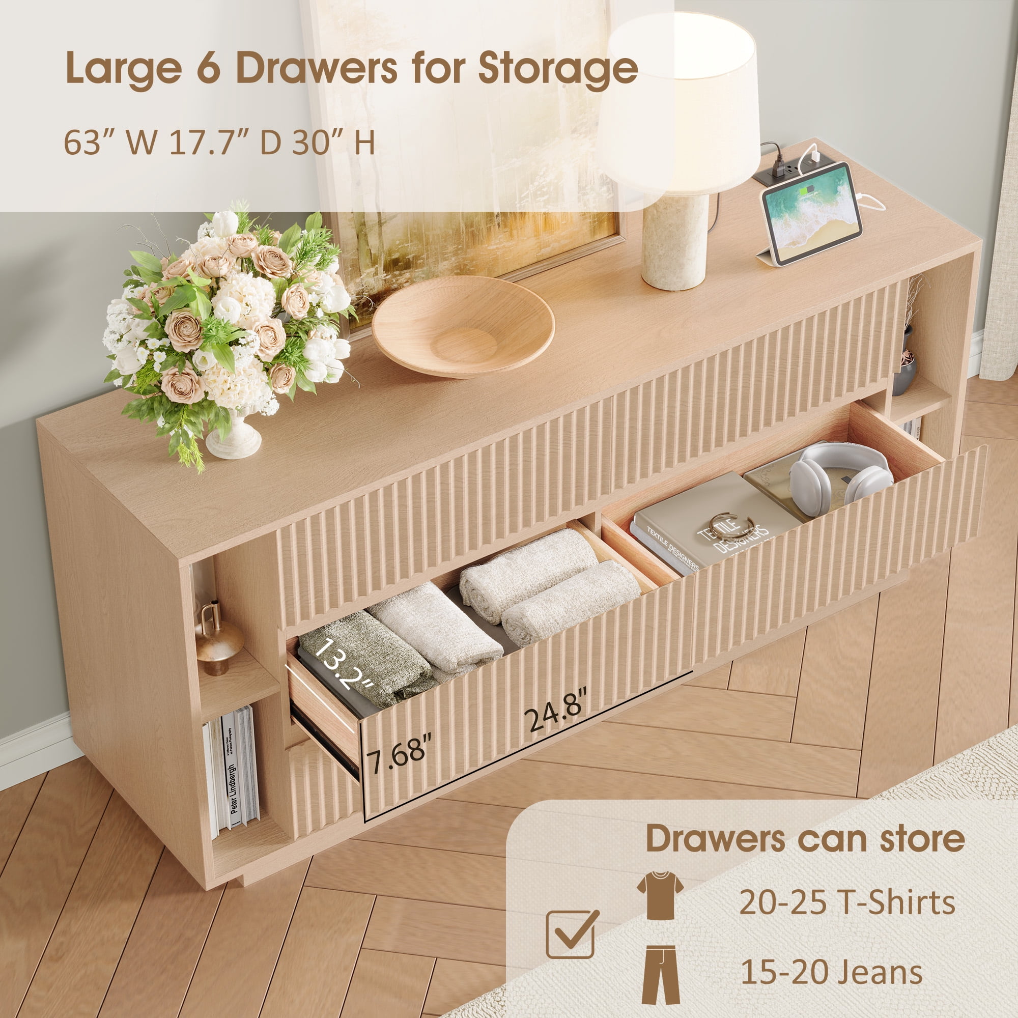 Fluted 6 Drawer Dresser with Shelves, 63'' Wide Bedroom Chest of Drawers, Natural Oak