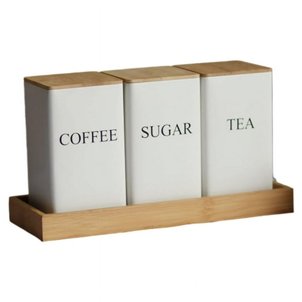 Juego de 3 Botes para Té, Café y AzúCar con Bandeja, Tarros de Hierro para Té y Café con Tapa de Bambú, Recipientes para Café, AzúCar y Té B