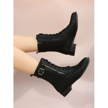 

Buckle Decor Zip Side Lace-up Front Combat Boots Women‘s Footwear