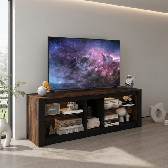 Topcobe Modern TV Stand with LED Light and Adjustable Shelves for TVs up to 65 inch, Modern Furniture for Indoor, Table for Living Room-Brown