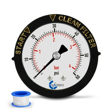 Pool Filter Pressure Gauge, CARBO INSTRUMENTS, Clean Filter Indicator for Swimming Pool Filter, Spa, Aquarium, 0-60 psi, 1/4" NPT Brass Back Connection, Adjustable Ring to Suit Most Filter Types