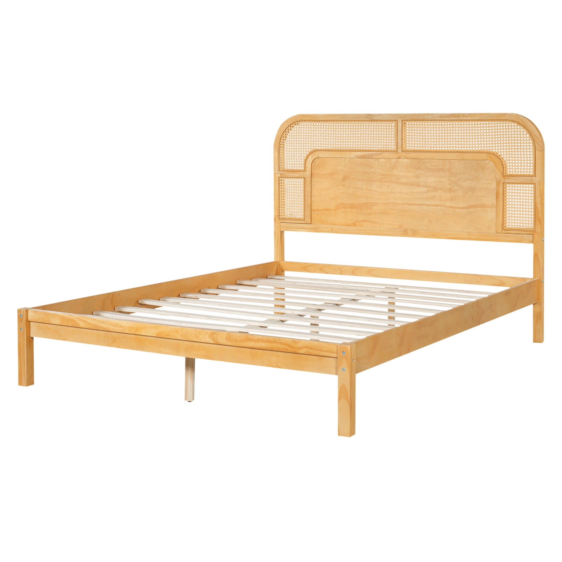 Christopher Knight Home Bohemian Queen Platform Bed with Rattan Headboard, Solid Wood Frame, Oak