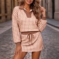 thumbnail image 5 of Women's 2 Piece Plaid Outfits Long Sleeve Collar V Neck Sweatshirt and Drawstring Mini Skirt Lounge Sets Casual Fall Winter Tracksuit Matching Set Brown, 5 of 7