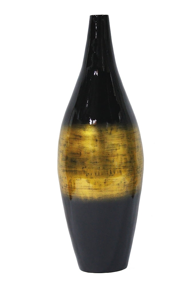 32" Spun Bamboo Floor Vase Bamboo In Black & Gold Metallic Lacquer