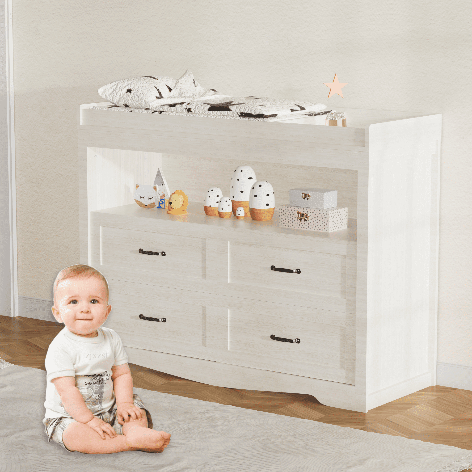 Baby Changing Table Dresser Nursery Chest with Storage-Infant & Toddler, 4 Drawers and Open Storage Space, Beige