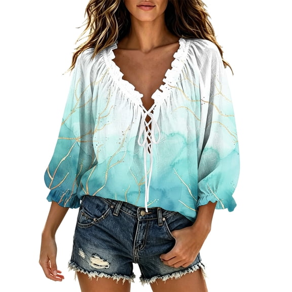Kezqiaxn 3/4 Sleeve Tops for Women Summer Drawstring V-Neck Loose Casual Shirts Womens Blouses Plus Size Fashion