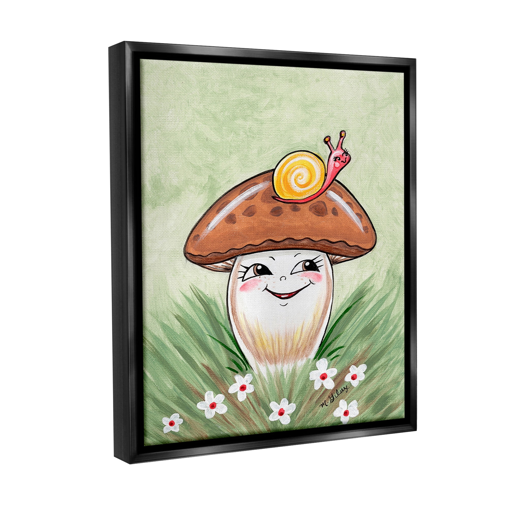 Stupell Industries Smiling Mushroom & Snail Botanical & Floral Painting Black Floater Framed Canvas Art Print Wall Art, 25 x 31