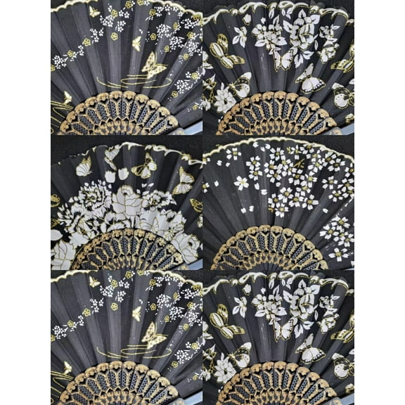 Set of 12 Black & Gold Hand Held Folding Fans w/Gift Bags for Party Favors, Party Decor