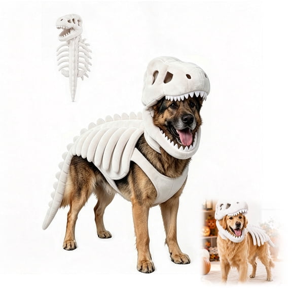 Dog Dinosaur Costume, Soft Plush T-Rex Skeleton Halloween Outfit for Medium Large Dogs & Cats, Dino Costume(35.4in)