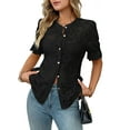 thumbnail image 1 of Camisa Informal de Encaje con Mangas Abullonadas y Cuello Redondo con Ojales para Mujer, Color Negro, Talla S, 1 of 9