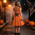 thumbnail image 6 of Girls' Halloween Zip Dress Spooky Tree Bat Print Sleeveless Round Neck Satin Bow Belt Flared Swing Skirt Kids Party Costume for Girls 4-14Y, Halloween Costumes for Girls Orange 7 Years, 6 of 9