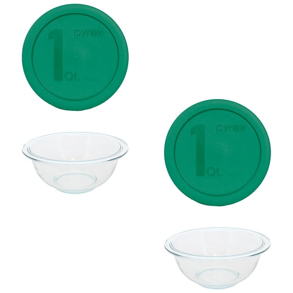 Pyrex (2) 322 1qt Glass Mixing Bowls and (2) 322-PC 1qt Green Mixing Bowl Lids