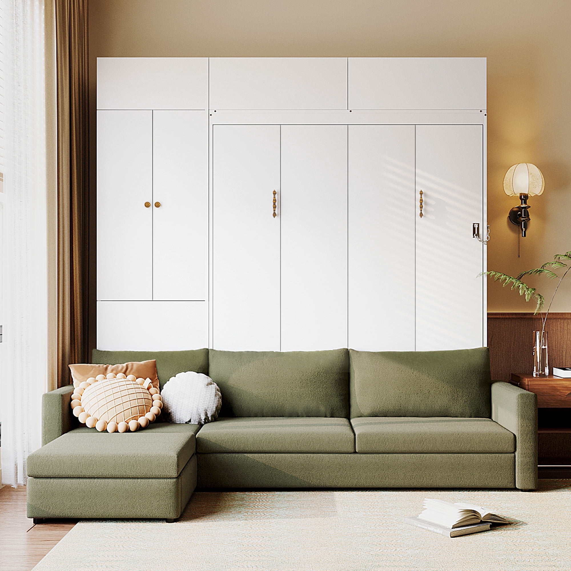 Mintazer Queen Murphy Bed with L-Shaped Sofa & Storage Cabinets, Modern Foldable Wall Bed for Bedroom Apartment Guest Room, White & Green