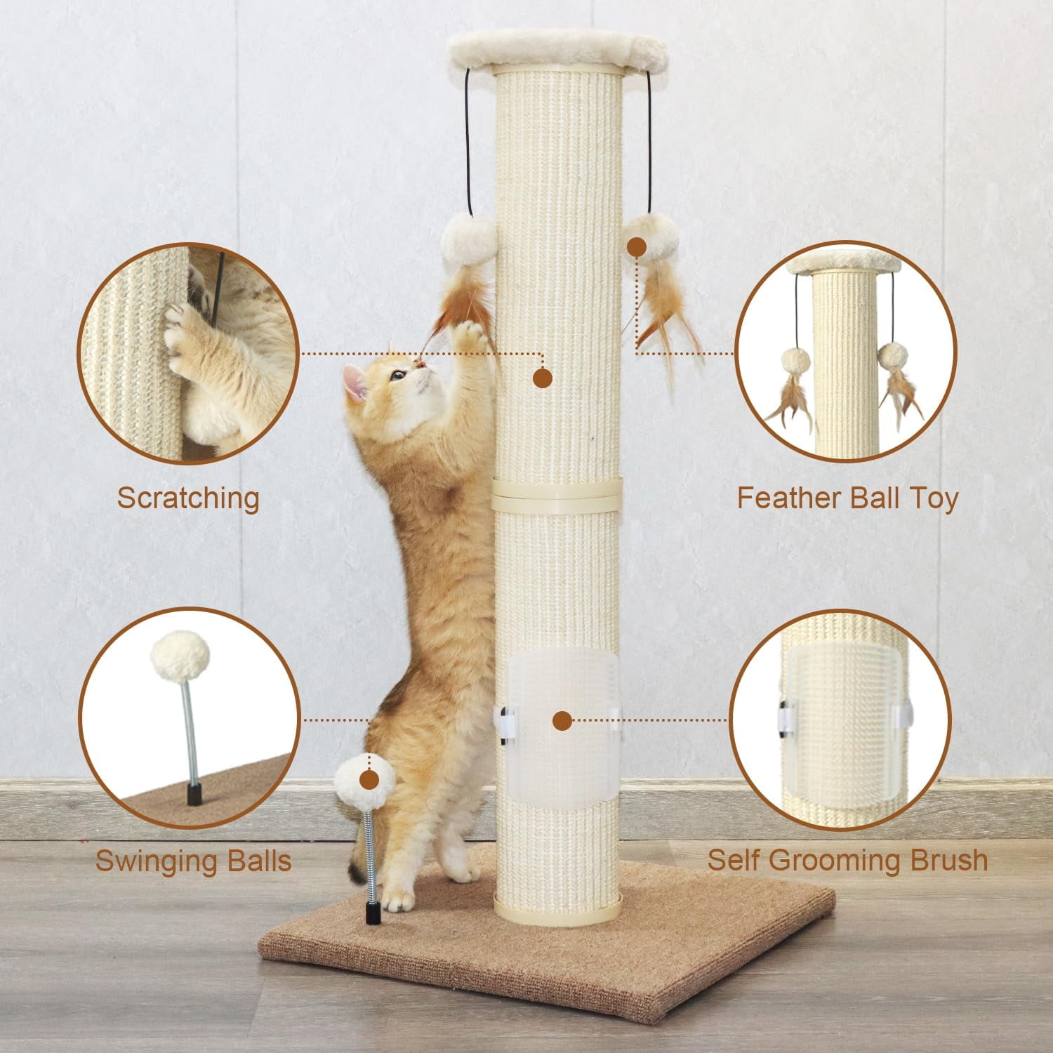 Cat Scratching Post,34" Tall Large Sisal Woven Scratch Posts for Cats,with Hanging Ball Toy and Self-Massage Brush,Vertical Scratcher,5 Inches Diameter,Beige