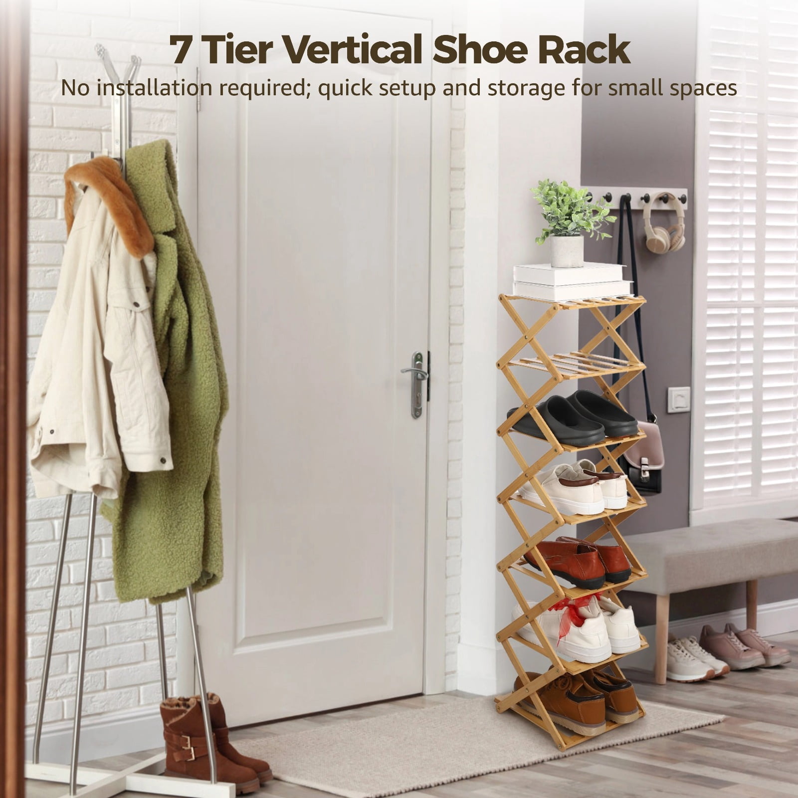Folding Shoe Rack, 7 Tier Shoe Rack Wooden Vertical Shoe Rack for Small Spaces, Narrow Corner Shoe Organizer for Home