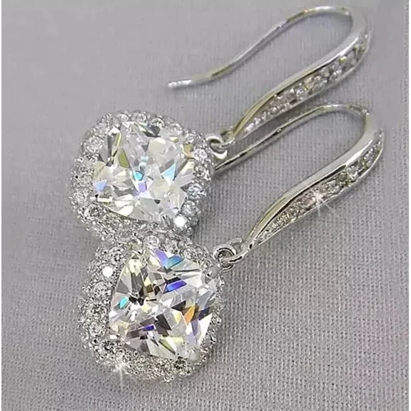 2 Ct Cushion Cut Lab-Created Diamond Drop/Dangle Earrings 14K White Gold Plated