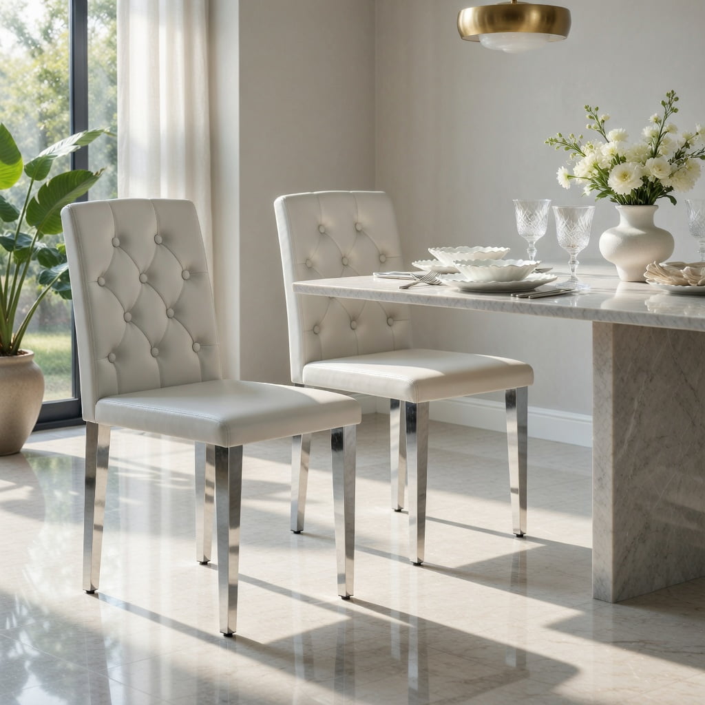 Hommoo 2-Pack PU Dining Chairs with Ergonomic Buckle Backrest, 35" Height, Modern Metal Frame, Easy-Clean Upholstery for Home & Commercial Use, Light Gray & Sliver