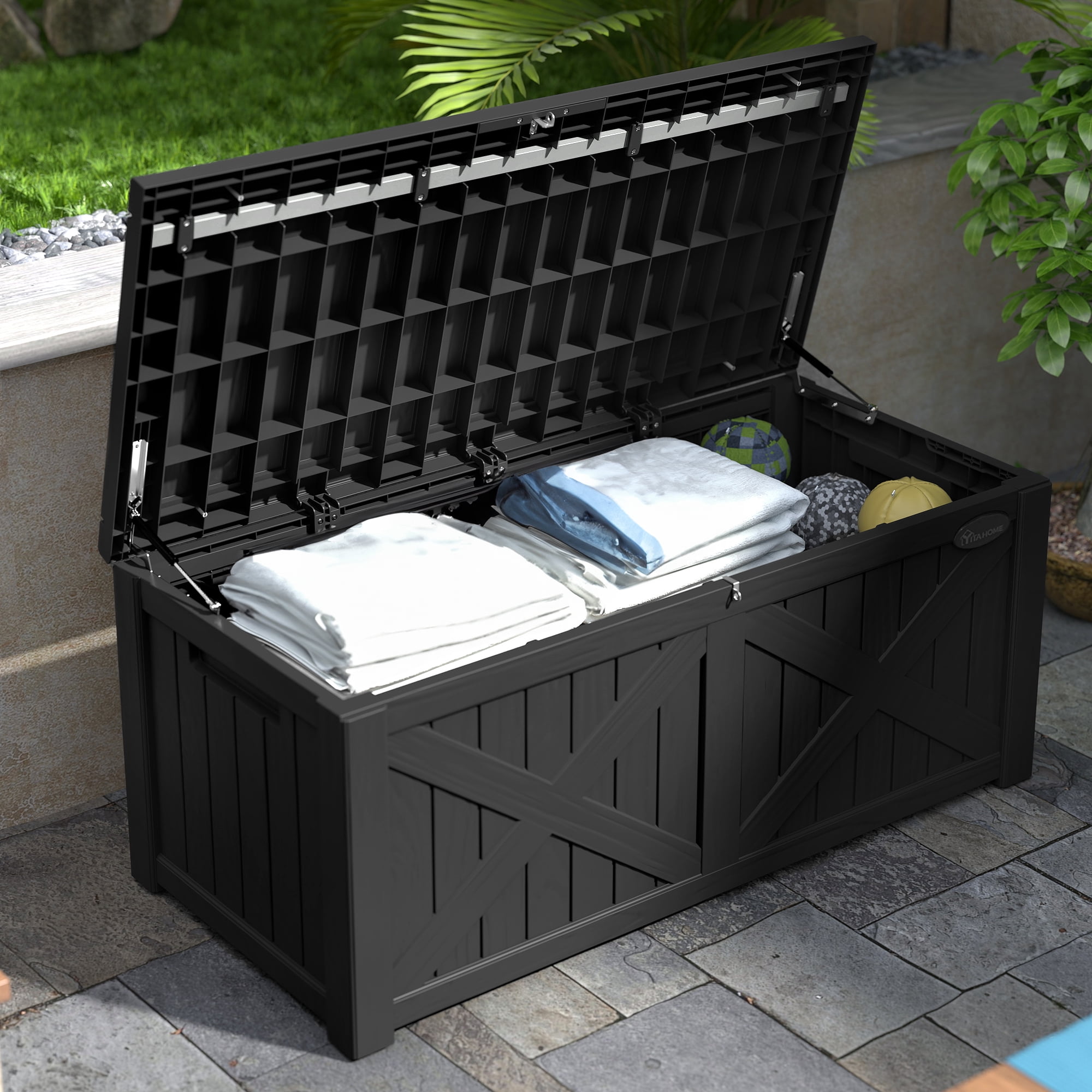 Uforic Outdoor 120 Gallon Large Resin Deck Box, Outdoor Storage Boxes with X-Shaped Front, for Patio Garden, Waterproof & Lockable, Black