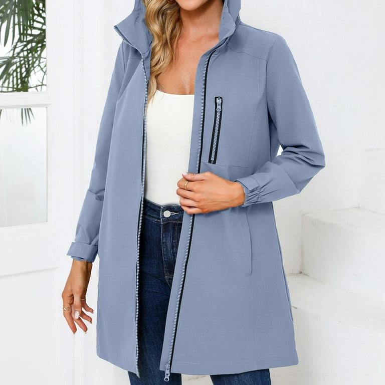 PMVFHDE Light Jackets for Women Detachable Hood Water Windbreaker Women s Solid Color Long Sleeved Thin Coat BU2 XL