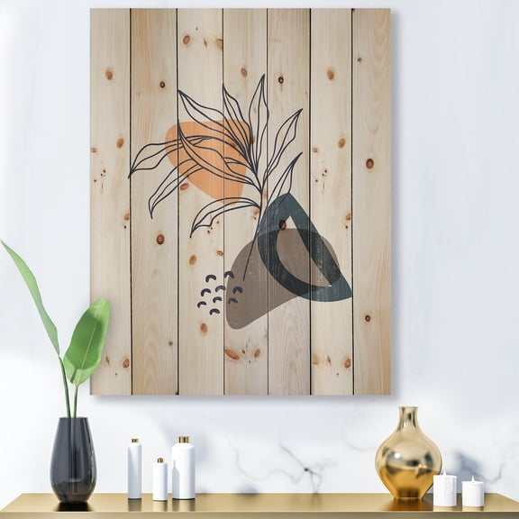 Designart 'Minimalist Shapes With Ancient Plant I' Modern Print on Natural Pine Wood