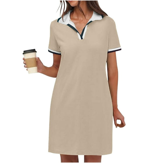 LOVZFMLL Robe Polo pour Femmes Été Décontractée Col en V Manches Courtes Fluide Couleur Contrastante Coupe Droite Robes T-Shirt avec Poches Kaki G