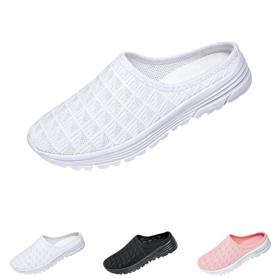 Womens Walking Shoes Breathable Mesh Mules Sneakers Open Back Slip On Slippers Backless Tennis Shoes Non-Slip Lightweight Casual Sports Shoe White 42