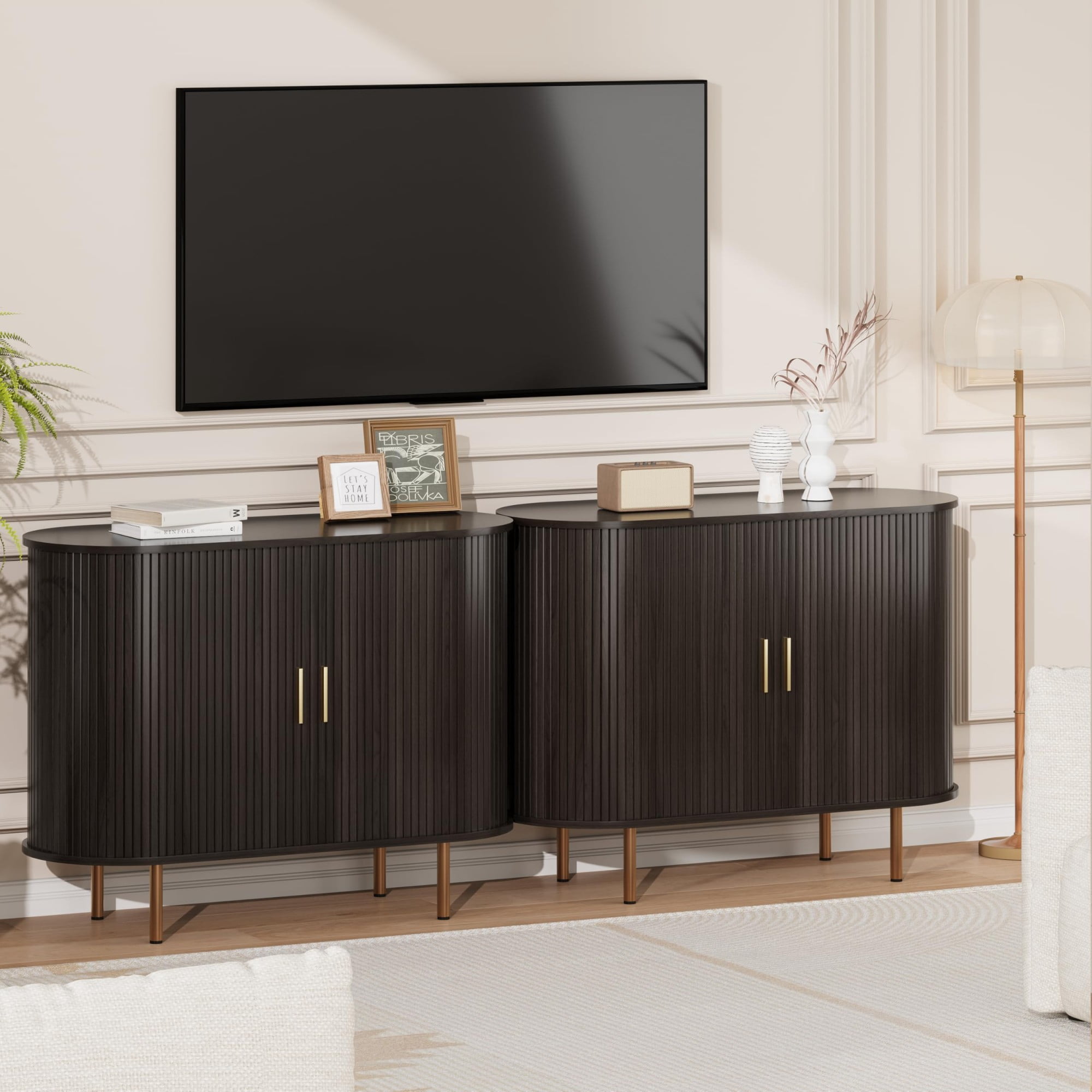 Mid Century Modern Sideboard Buffet Cabinet, 39 Inch Fluted Coffee Bar Console with Tambour Sliding Doors, Coffee