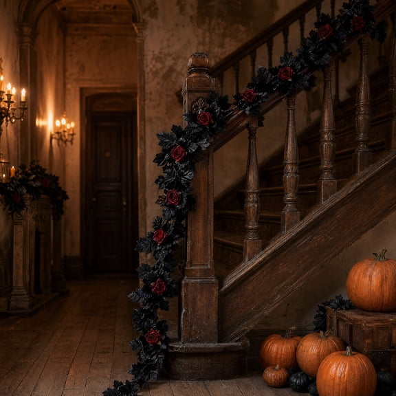 Halloween Rose Garland, 5.7FT Flexible Artificial Vine with Red Roses for Mantel, Door and Fireplace, Gothic Halloween Home Decor, Red Rose