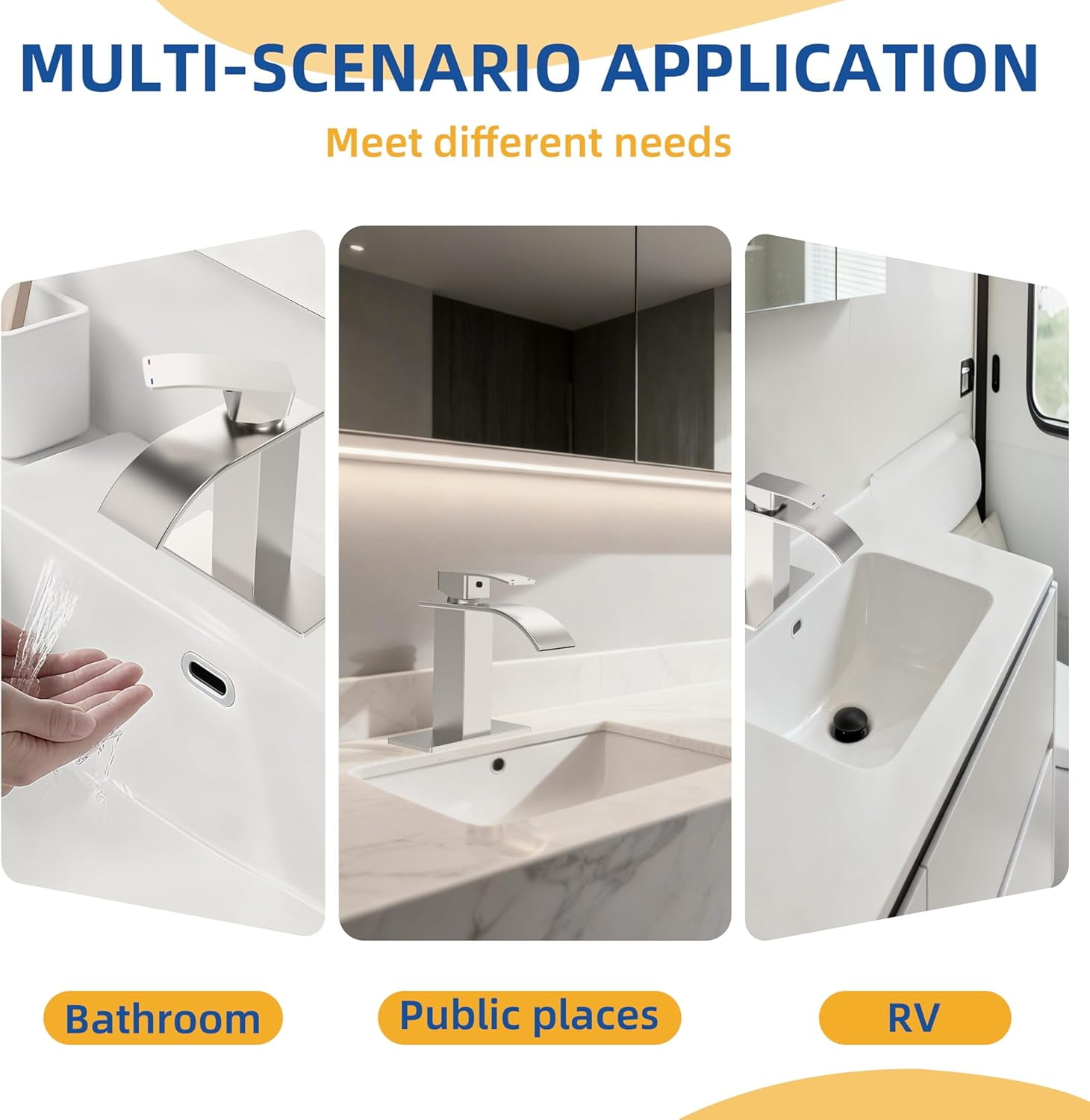 RUACQ Bathroom Faucets, Single Handle Bathroom Sink Waterfall Faucets for 1or 3 Hole, Stainless Steel Washbasin Mixer Tap with Deck, Pop-Up Drain and Supply Hoses (Short, Brushed Nickel)