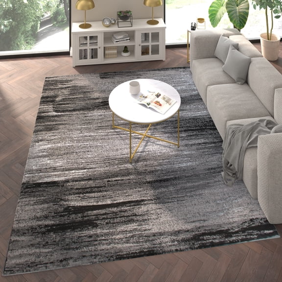 Emma + Oliver 8x10 Ultra Soft Shaded Look Olefin Accent Rug in Gray, Black & White with Natural Jute Backing