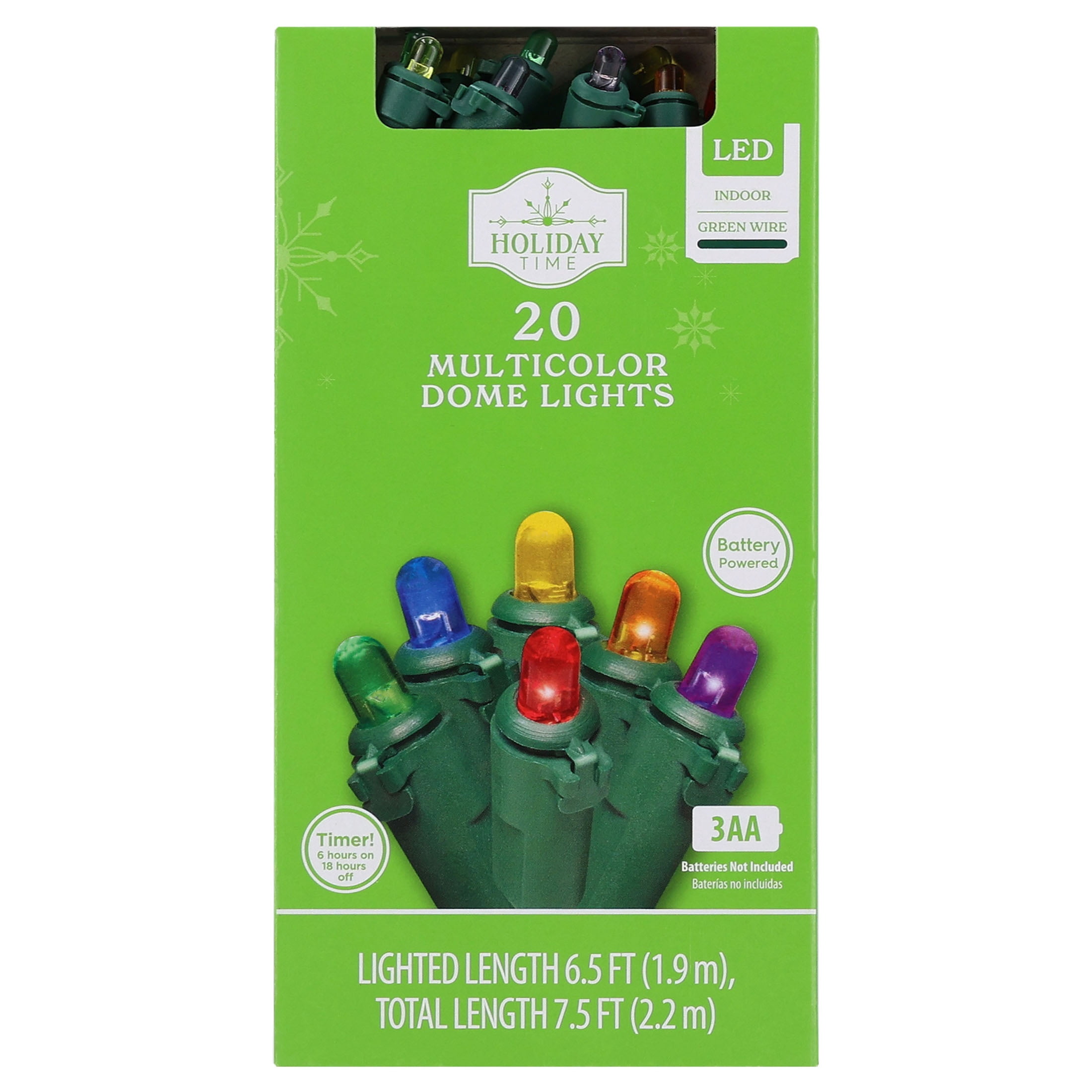 Indoor 20-Count Battery-Operated LED Dome Christmas String Lights, Multicolor, Green Wire, 6.5', by Holiday Time