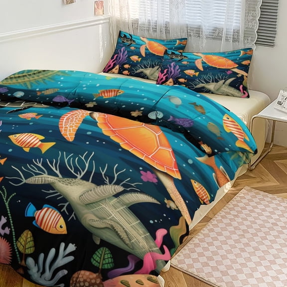 3PCS Ocean World Turtle Duvet Cover Set Twin, 1 Duvet Cover And 2 Pillowcase, Duvet Cover for Kids Girls Boys And Teens