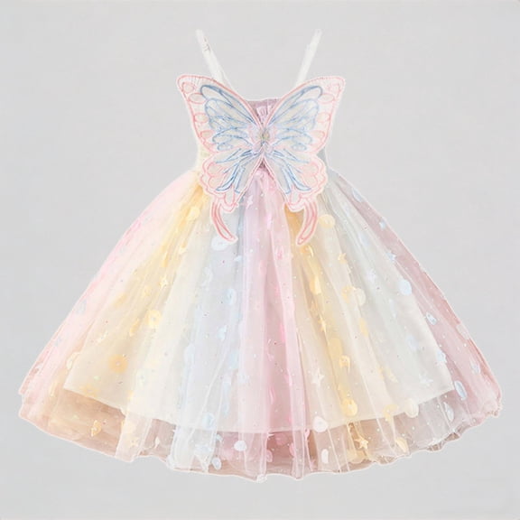 REDARER Girls Butterfly Wing Tulle Dress, Sleeveless Spaghetti Strap Rainbow Princess Dress for Party Dance,4-5 Years