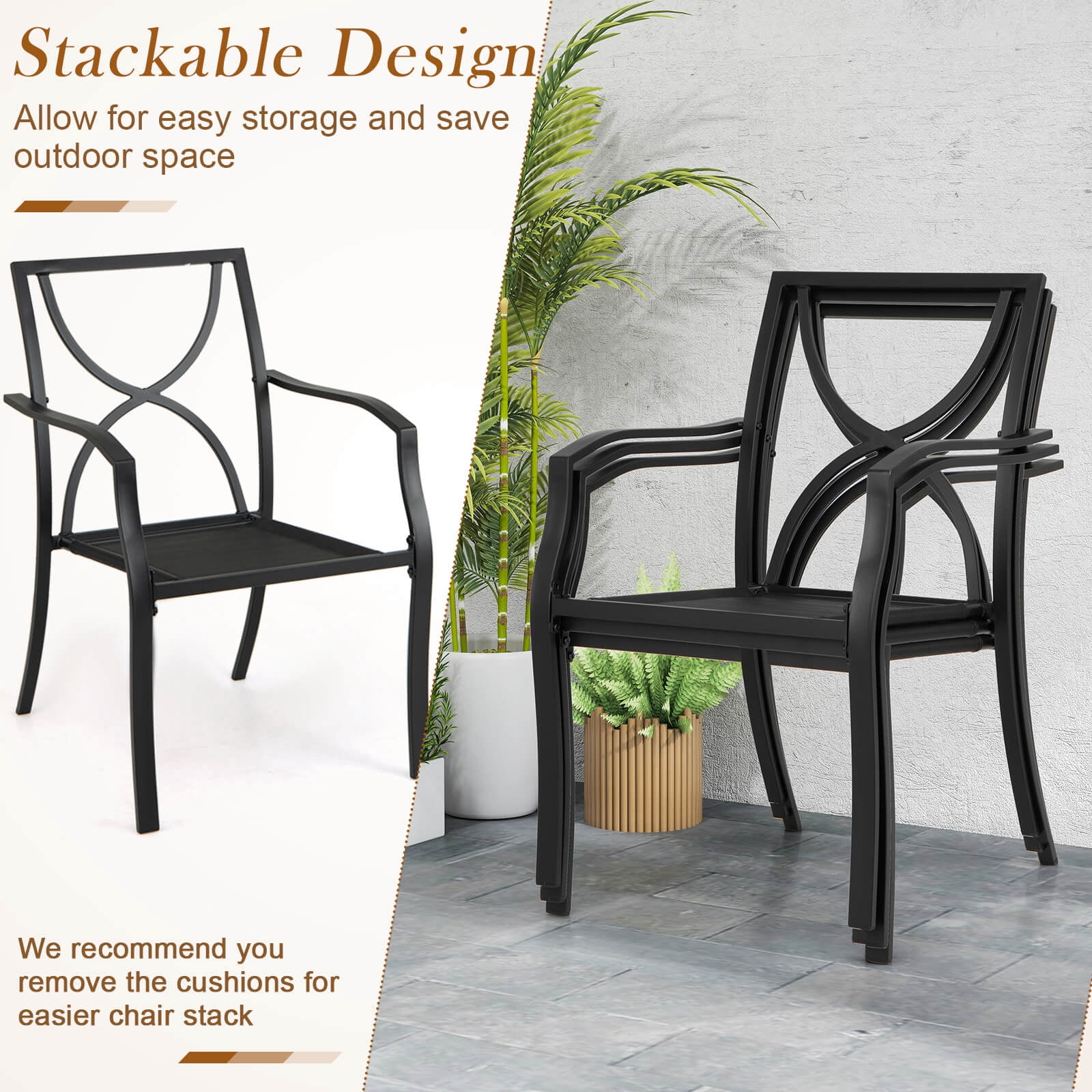 Costway Outdoor Patio Dining Chair Set of 2 Stackable Garden Chairs with Metal Frame
