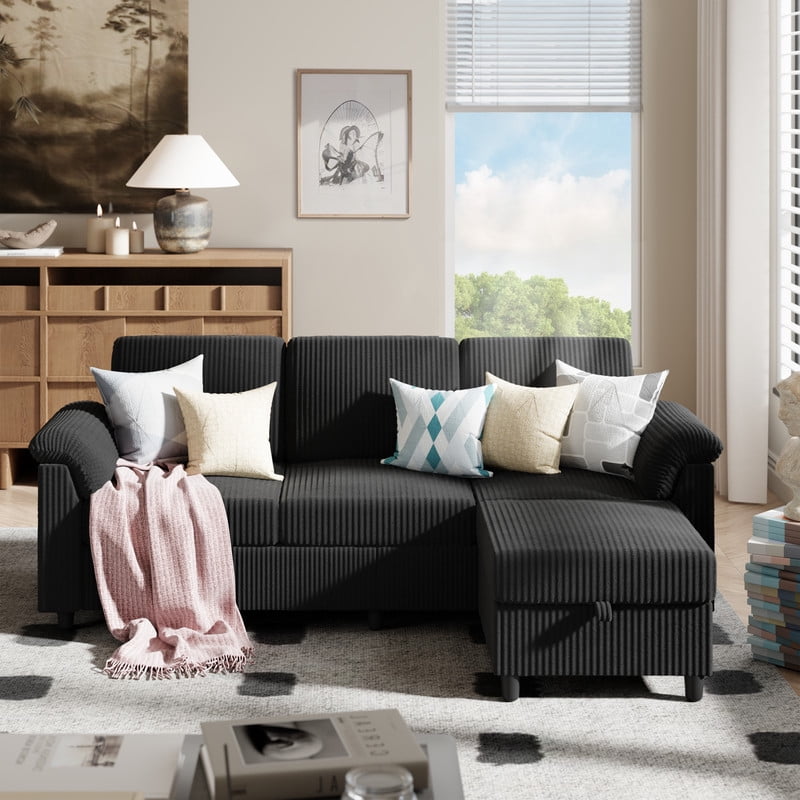 Walsunny 79" Convertible Sectional Sofa, L Shaped Sofa Couch with Reversible Chaise for Living Room Modern Linen Fabric for Living Room, Black