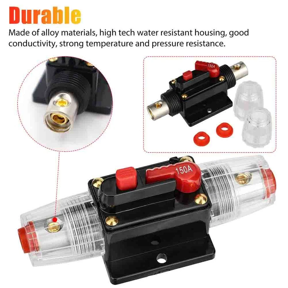 New Car Stereo Audio 12V Circuit Breaker Fuse Inline Fits 4 8 Gauge Wire 150 Amp