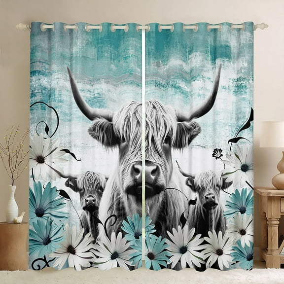 Erosebridal Highland Cow Print Curtains 30%-50% Blackout,Teal Western Farmhouse Curtains & Drapes for Bedroom,Longhorn Cattle Window Curtain Daisy Flower Curtains Cowboys Gifts