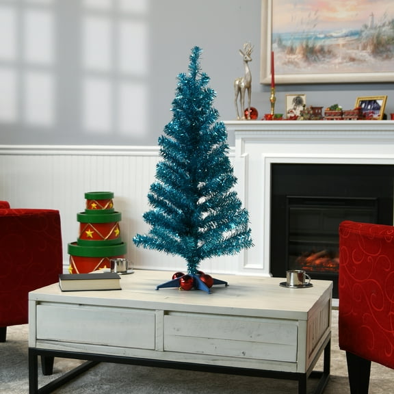National Tree Company 3 ft. Artificial Christmas Tree, Turquoise, Tinsel, Includes Stand