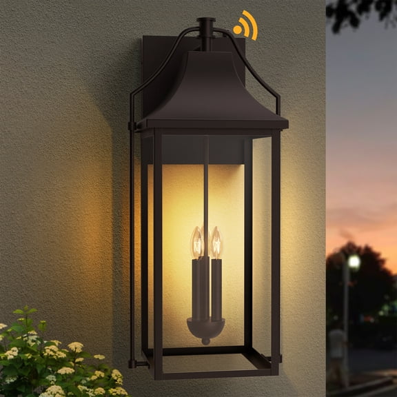 Lawyettle 24.9-Inch Dusk to Dawn Outdoor Wall Light, 3-Light Large Exterior Wall Lantern with Glass, Waterproof Oil Rubbed Bronze Wall Mount Sconce for Porch Patio Garage Garden