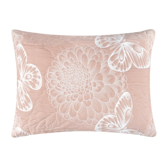 Greenland Home Fashions Mariposa Blossom and Butterfly Pink Matelassé Reversible Pillow Sham, Standard