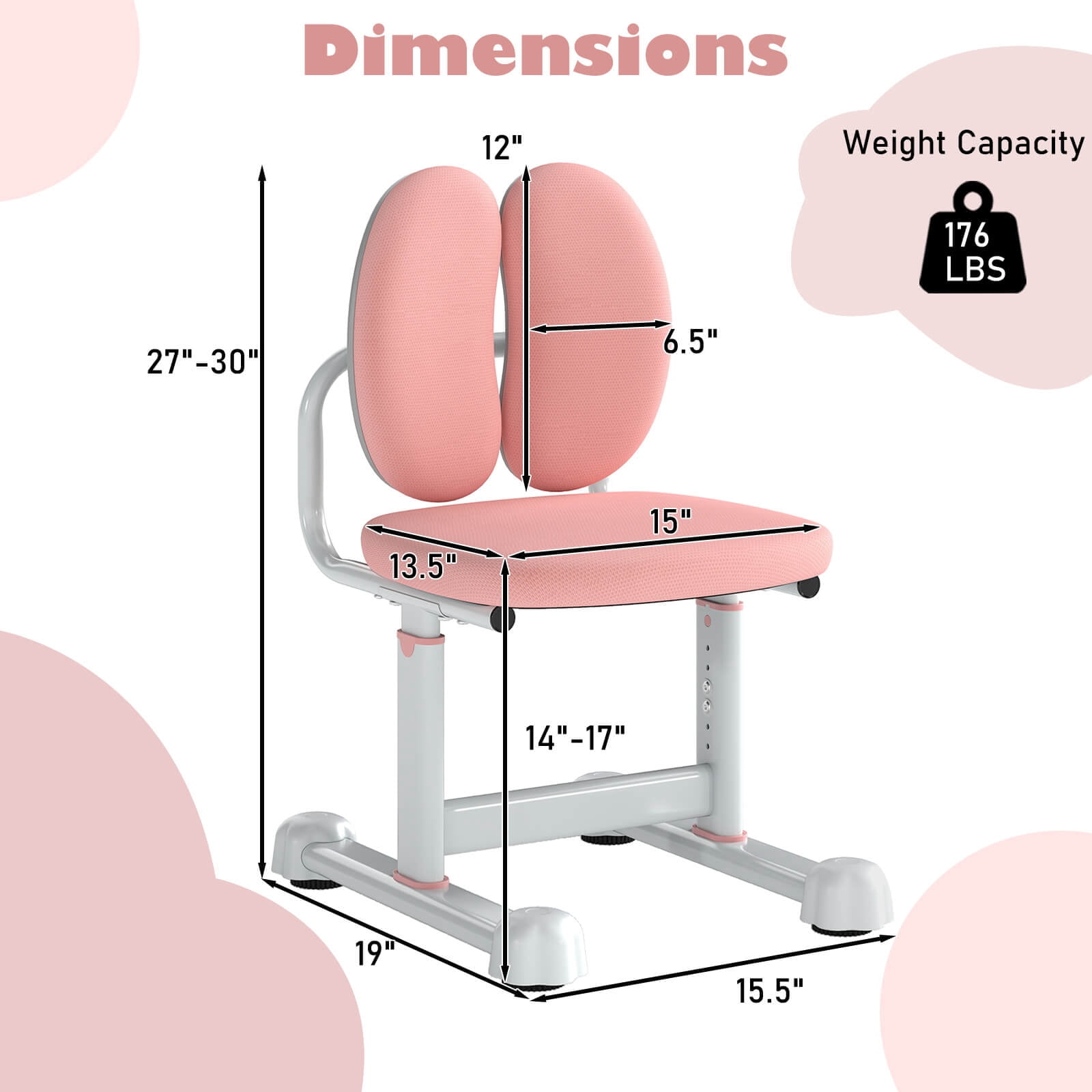 Costway Kids Desk Chair with Double Back Support Adjustable Height Upholstered Computer Chair Pink